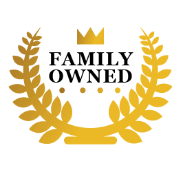 Golden laurel wreath and crown around the words "FAMILY OWNED".