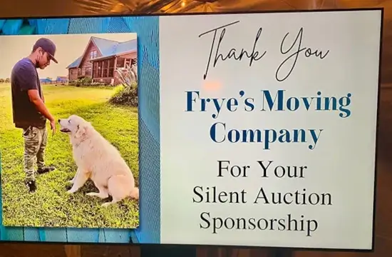 Frye's Moving Company silent auction sponsorship thank you sign