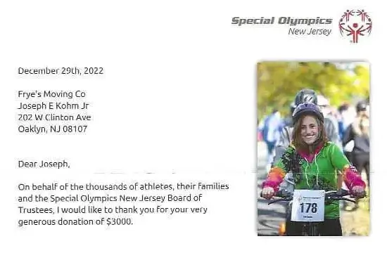 Letter screenshot of Special Olympics thanking Frye's Moving Company for their sponsorship.