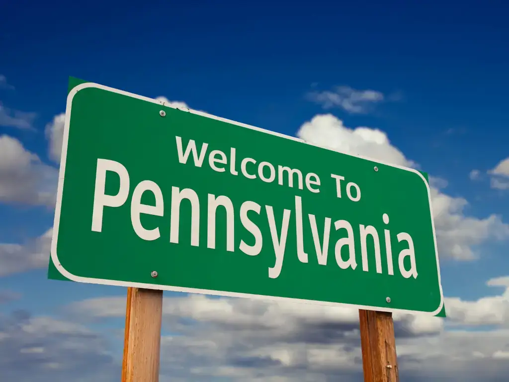 Welcome to Pennsylvania Big green highway sign that reads "Welcome To Pennsylvania"