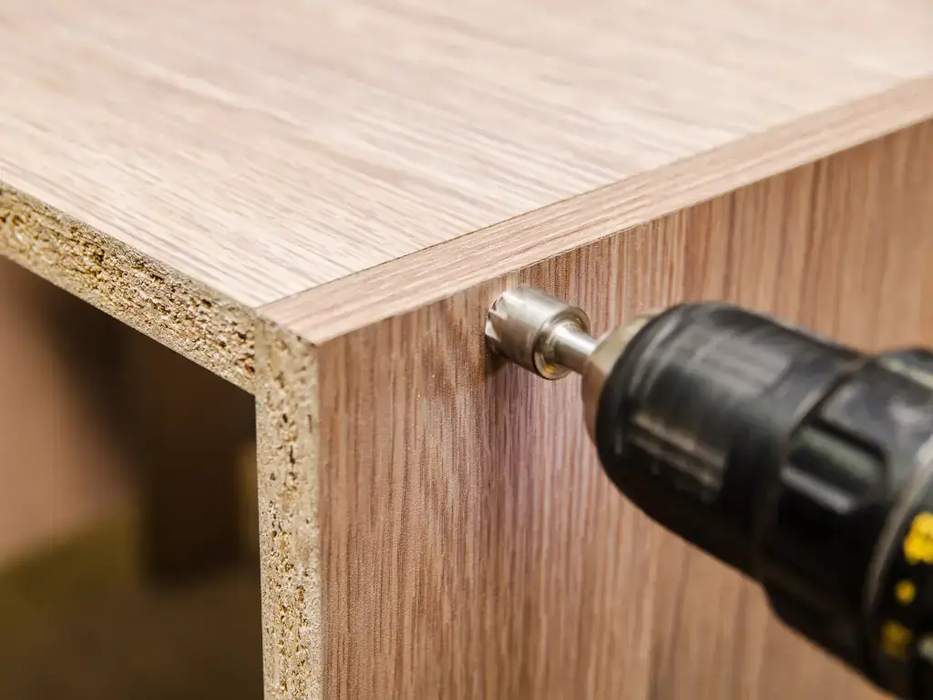 Furniture Assembly Power drill actively boring into the wooden surface of a table for assembly.