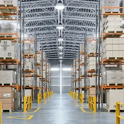 Modern warehouse interior with rows of shelves and boxes.