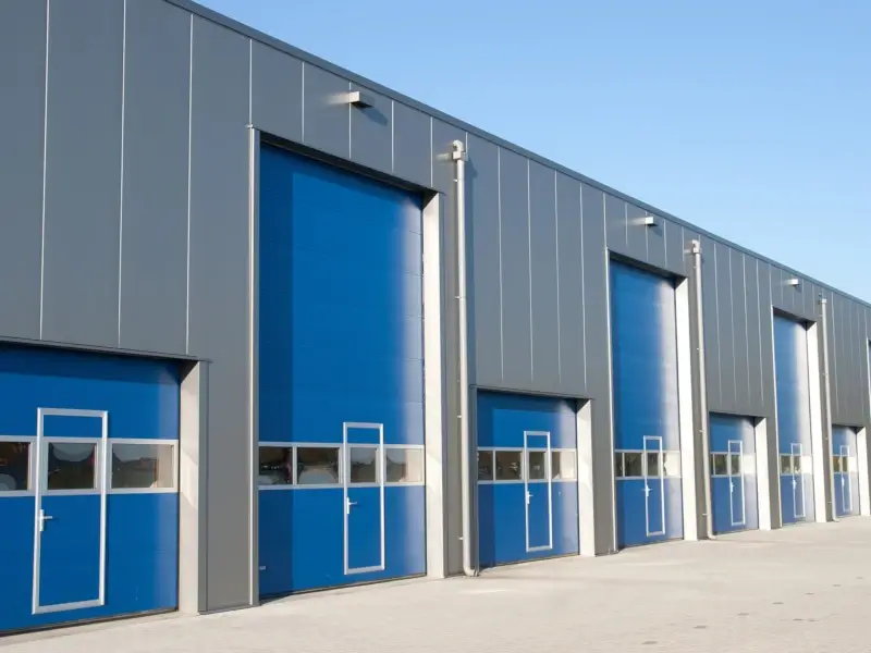 Modern industrial warehouse with blue doors and gray walls.